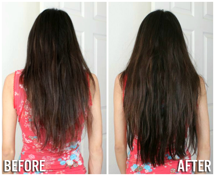 before and after Irresistible Me hair extensions