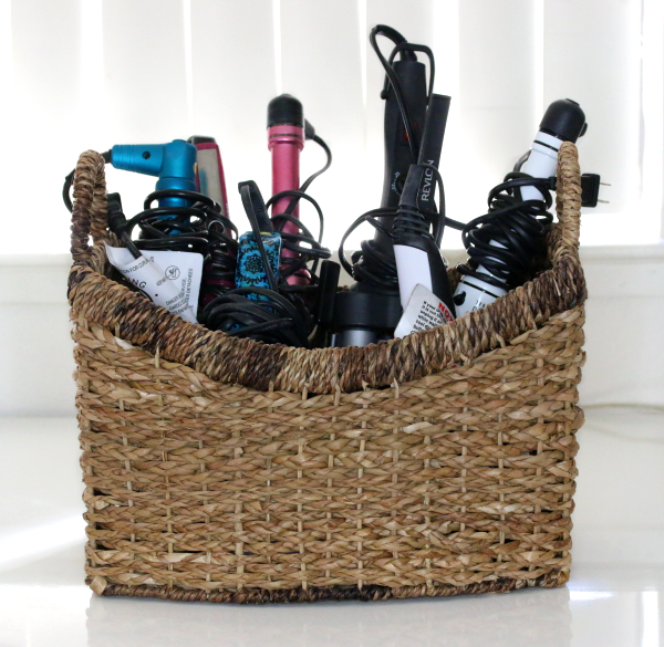 hair tools stored in a basket