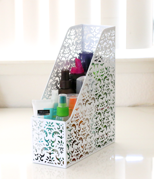 hair products in a decorate magazine holder