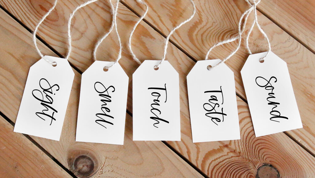 gift tags for sight, sound, smell, taste, and touch