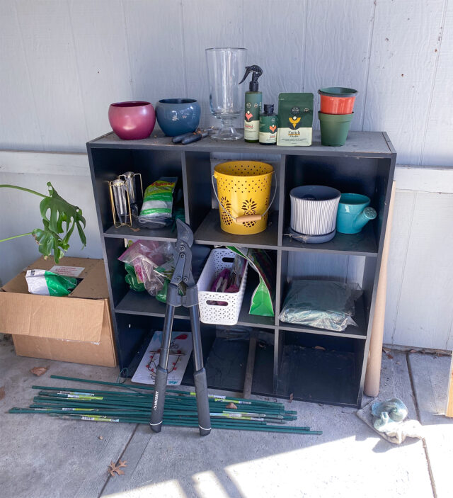 messy storage shelf for garden supplies