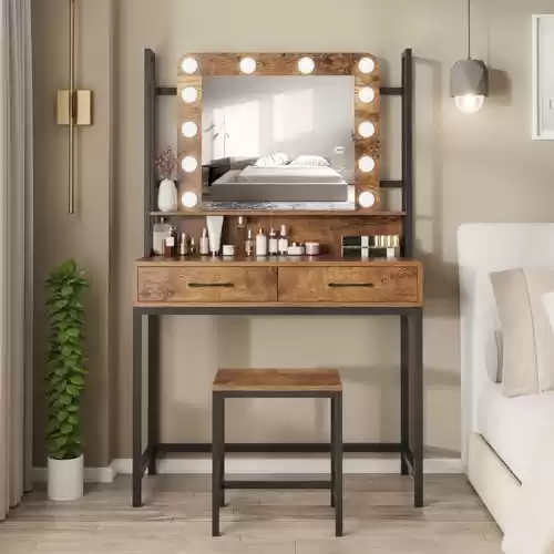 Rustic Brown Vanity with Lights and Black Accents