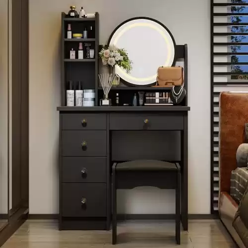 Black Vanity Set with Round Mirror