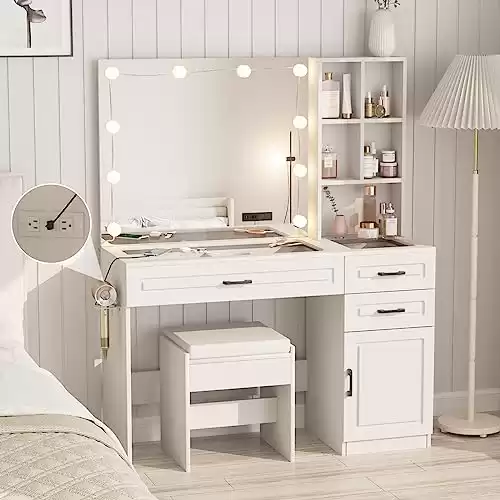 Vanity Desk with Shelves, Lighted Mirror, Drawers, and Stool