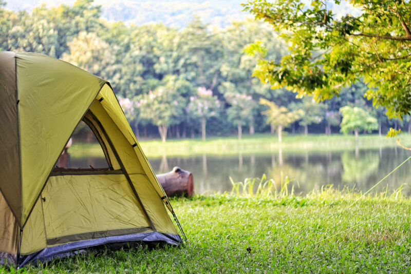 camping tent near lake