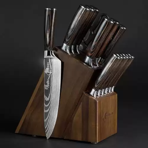 SENKEN Acacia Wood Knife Block Set with Laser Damascus Pattern