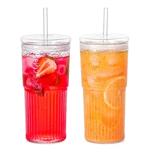 Glass Cups With Lids and Glass Straws