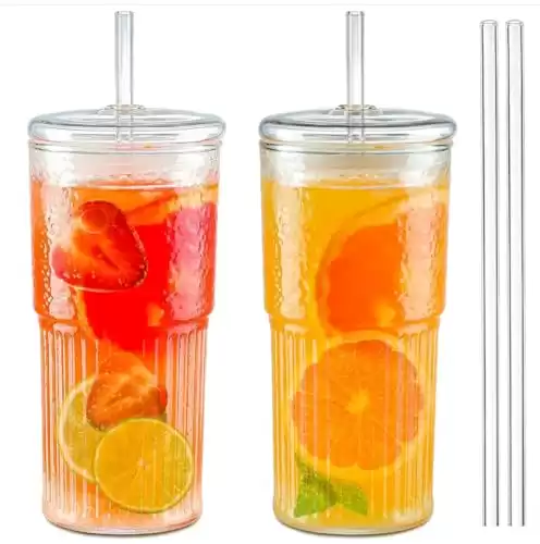 Glass Cups with Lids and Glass Straws