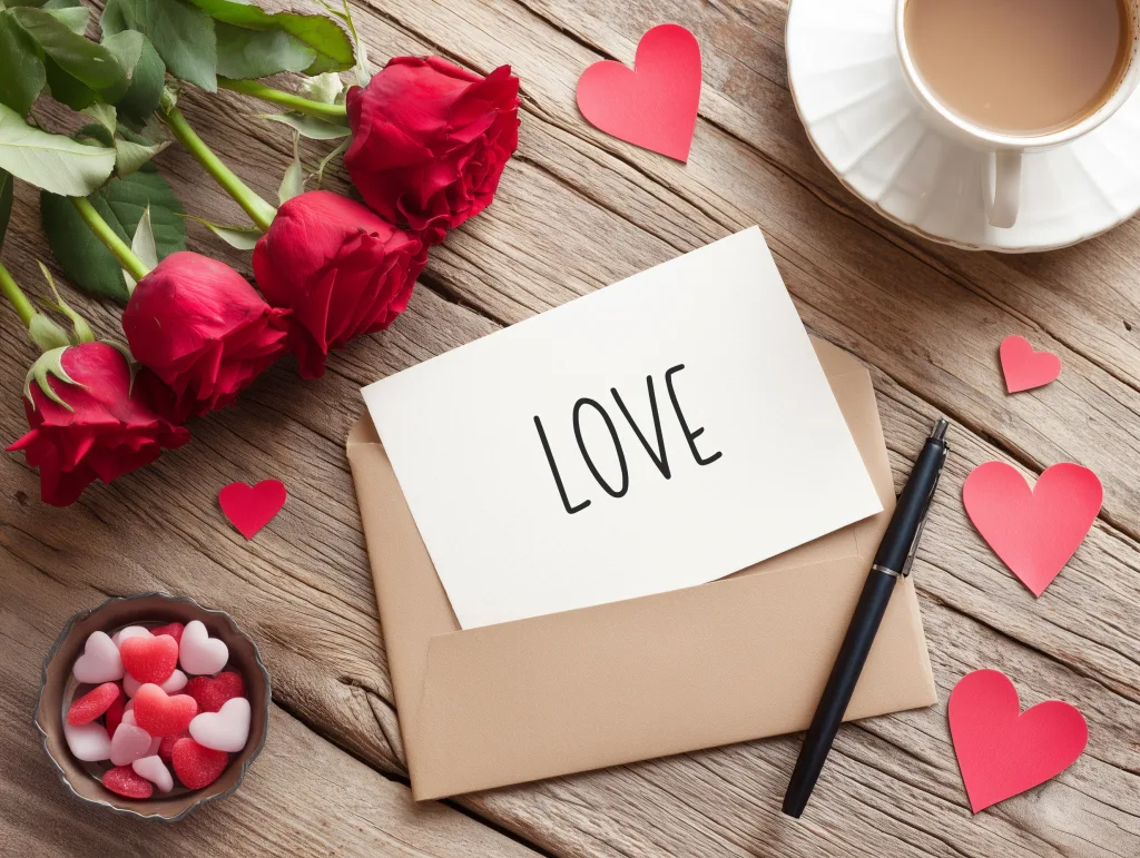 love card sitting on wood table with paper hearts, red roses, and heart candy around it